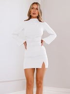 Mock Neck Ruched Bell Sleeve Side Slit Bodycon Mini Dress