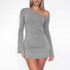 One Shoulder Grommet Trim Bell Sleeve Bodycon Mini Dress