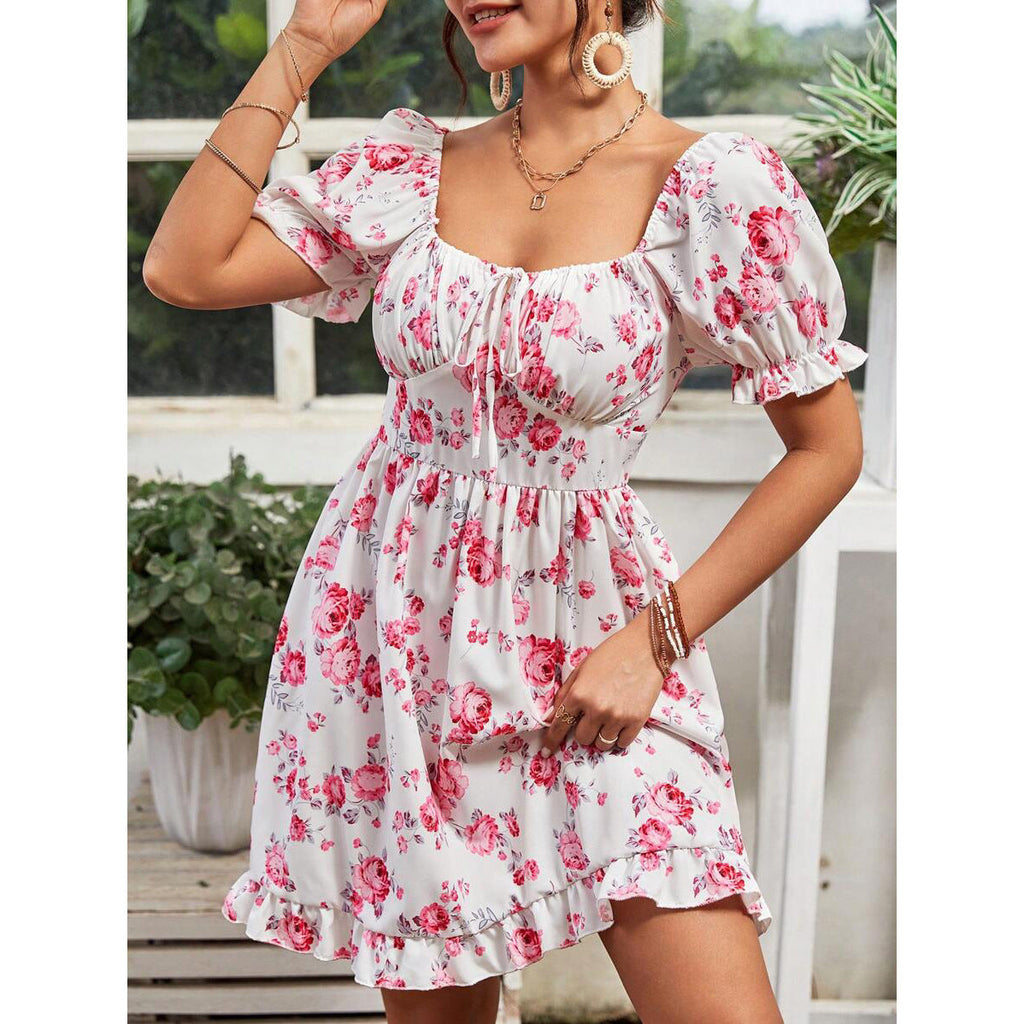 Tatiana Chic Women's Floral Basic Dress with Puff Sleeves and Adjustable Neckline Boutique Collection