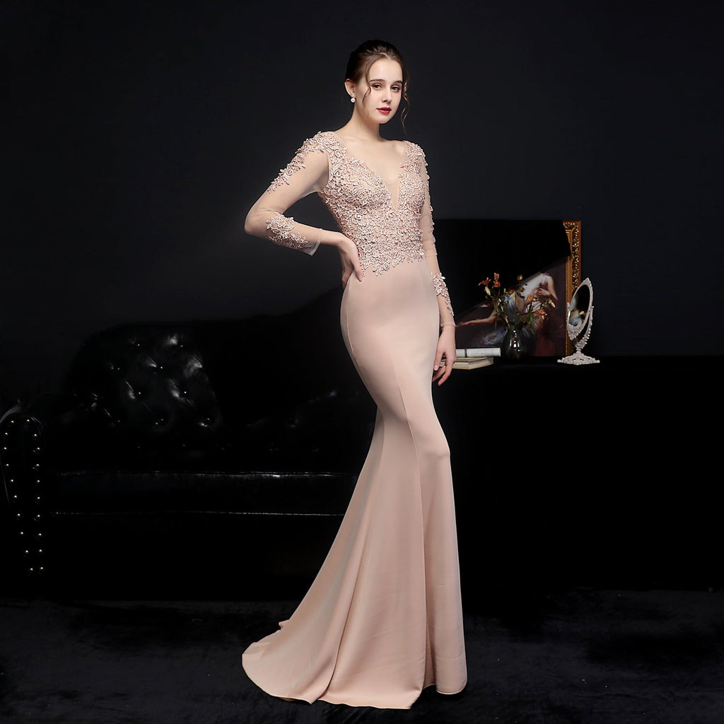 Floral Lace Illusion Long Sleeve Mermaid Trumpet Formal Gown