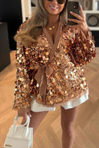 Fashion Sequined Long-sleeved V-neck Loose Lace-up Cardigan