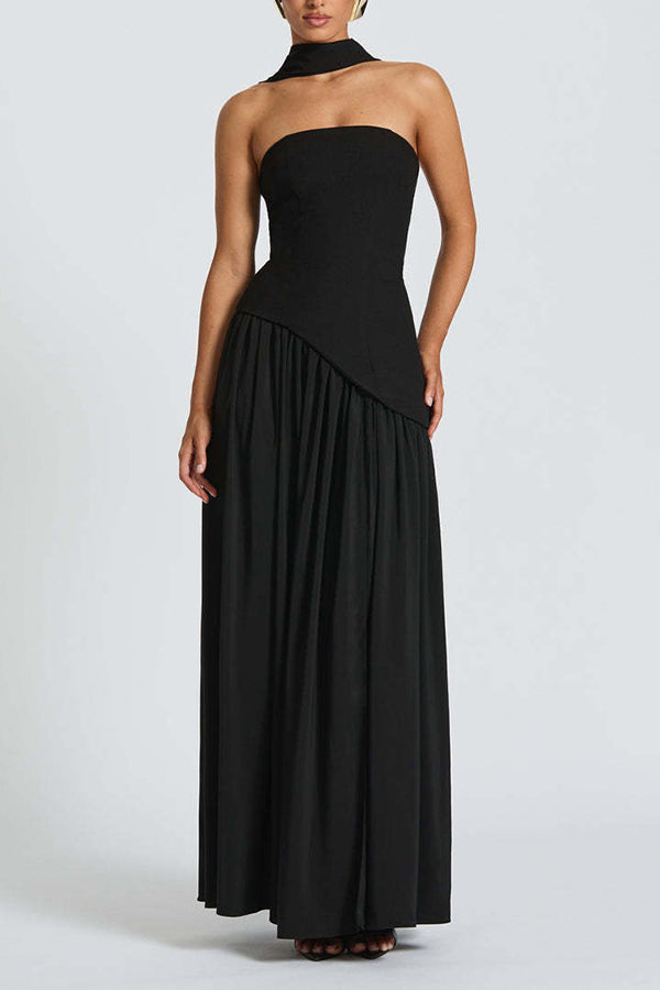 Elegant Off Shopulder Chiffon Pleated Hem Scarf Slit Maxi Dress