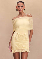 Off Shoulder Ruched Mesh Overlay Ruffle Hem Bodycon Mini Dress