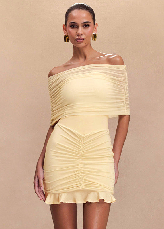 Off Shoulder Ruched Mesh Overlay Ruffle Hem Bodycon Mini Dress