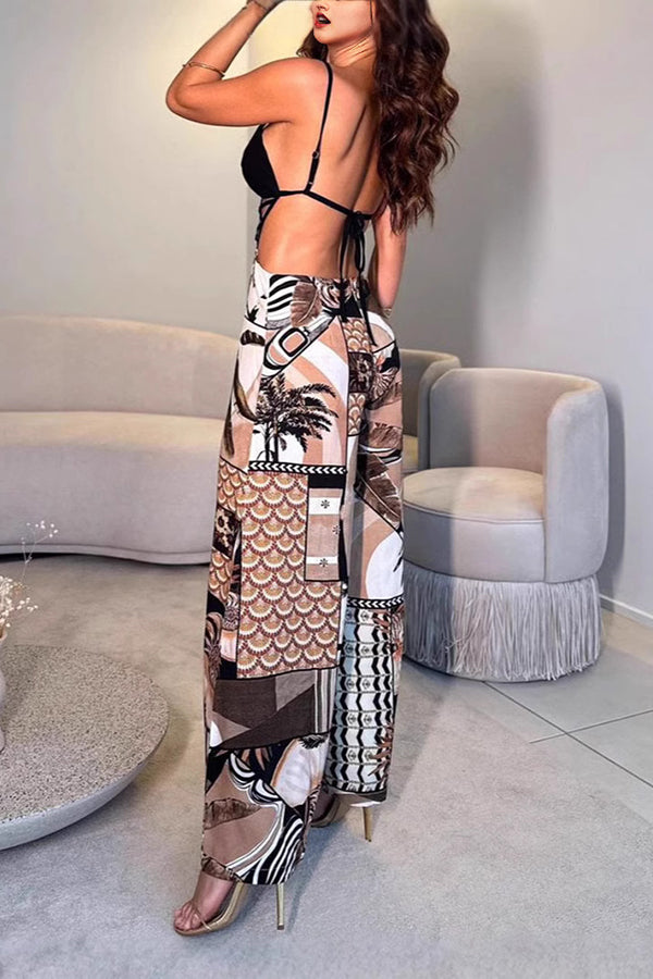 Tulum Dreaming Strap Cross Design Patchwork Printed Elastic Waist Backless Jumpsuit