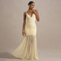 Spaghetti Strap Deep V Ruched Bodice Pleated Chiffon Trumpet Maxi Dress