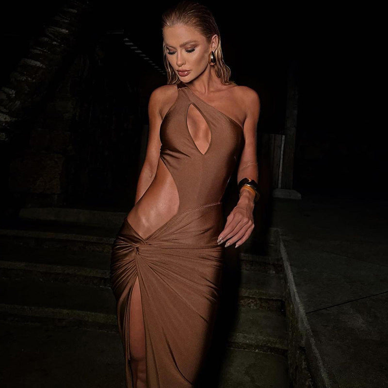 One Shoulder Cutout Twist Detail High Slit Maxi Dress