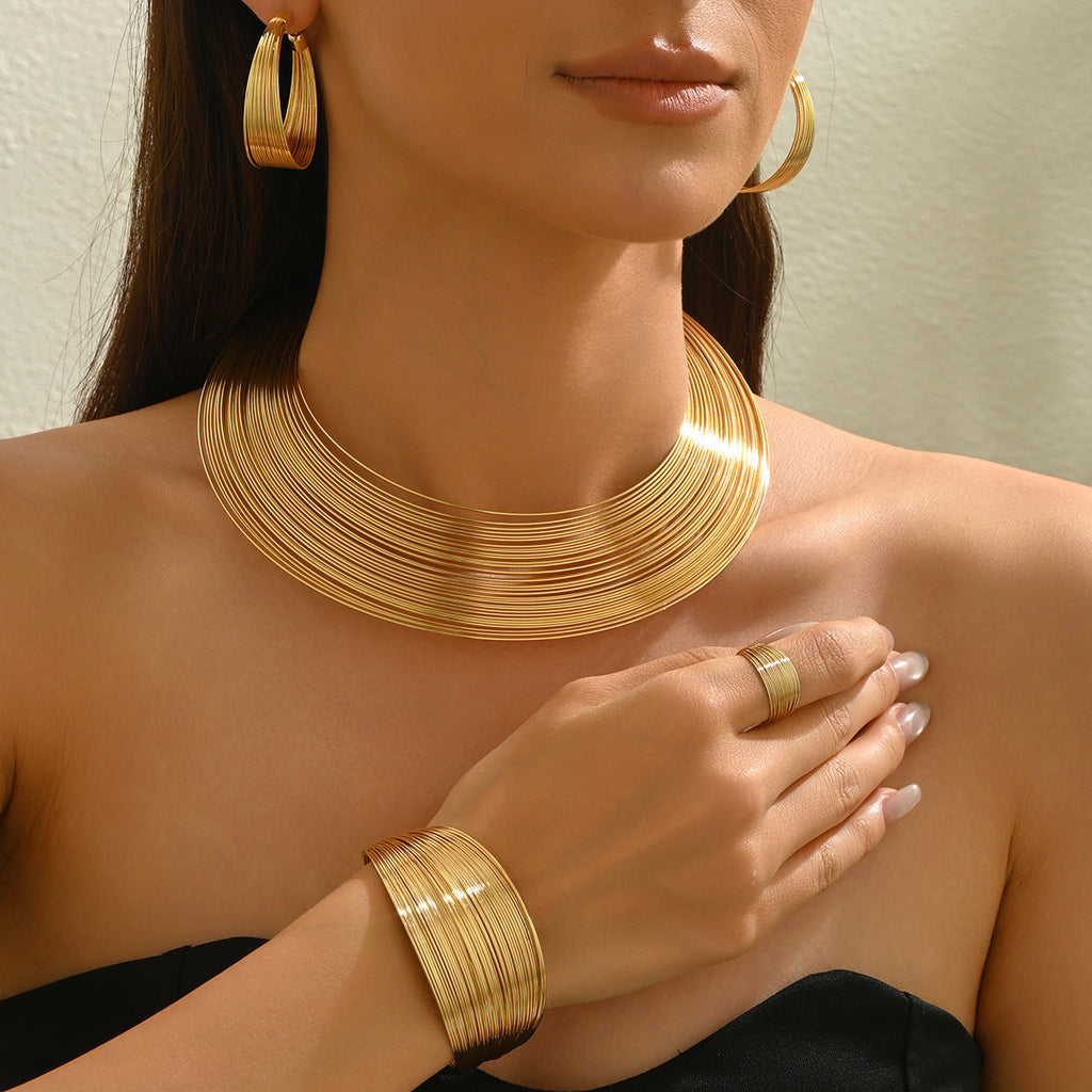5 Piece Multi Layer Metal Bracelet, Ring, Earrings & Necklace Set