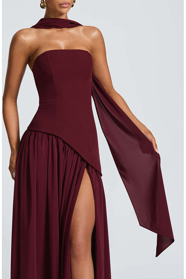 Elegant Off Shopulder Chiffon Pleated Hem Scarf Slit Maxi Dress