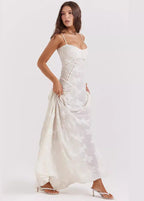 Floral Applique Spaghetti Strap Square Neck Corset Seam Maxi Dress