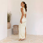 Satin One Shoulder Draped Asymmetric Neckline Midi Dress
