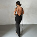 Spaghetti Strap Tie Shoulder Deep V Back Ruched Bodycon Maxi Dress