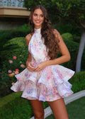 Floral Halter Neck Tiered Ruffle Fit and Flare Mini Dress