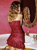 Floral Lace Strapless Side Ruched Tiered Ruffle Hem Mini Dress