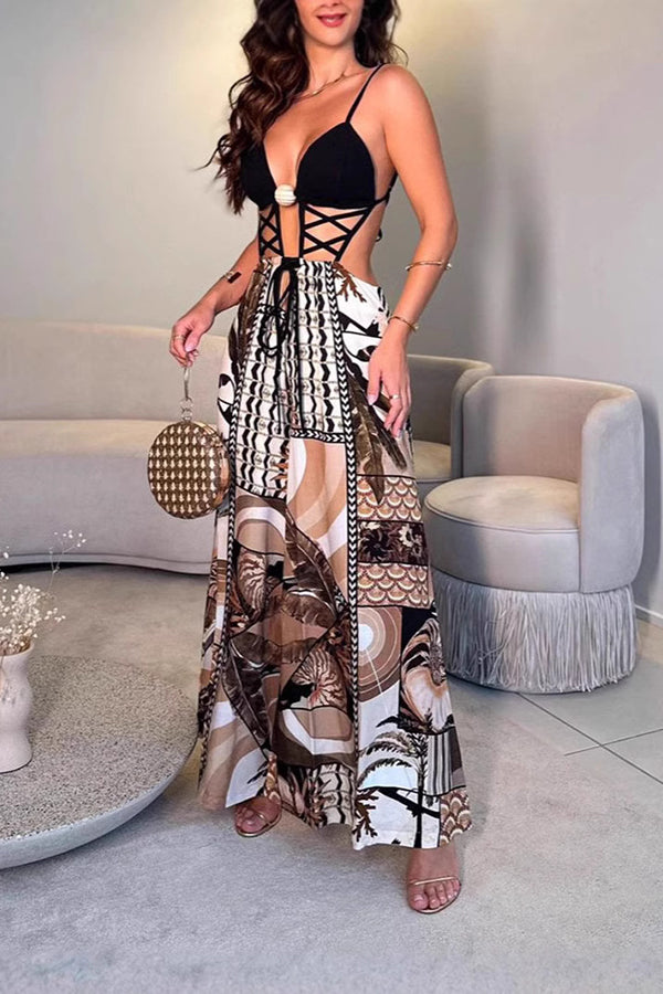 Tulum Dreaming Strap Cross Design Patchwork Printed Elastic Waist Backless Jumpsuit