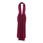 Satin Halter Deep V-Neck Cut Out Knot Front Double High Split Maxi Dress
