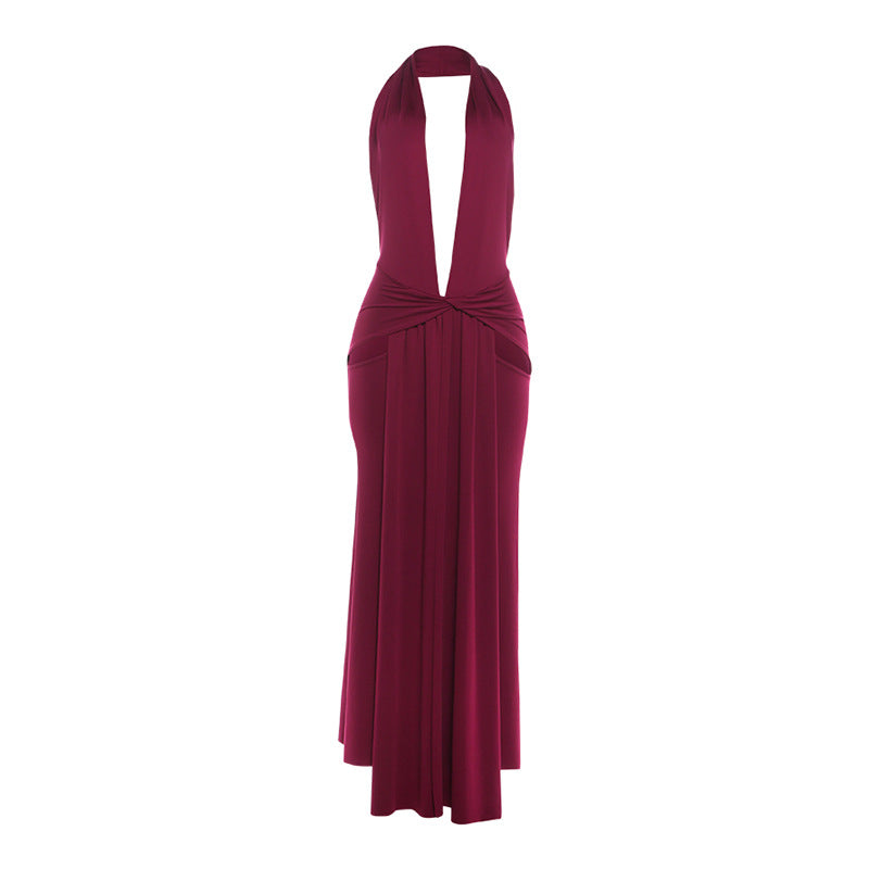 Satin Halter Deep V-Neck Cut Out Knot Front Double High Split Maxi Dress