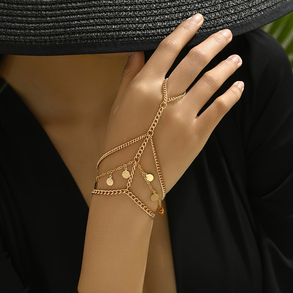 Layered Metal Disc and Chain Finger Bracelet