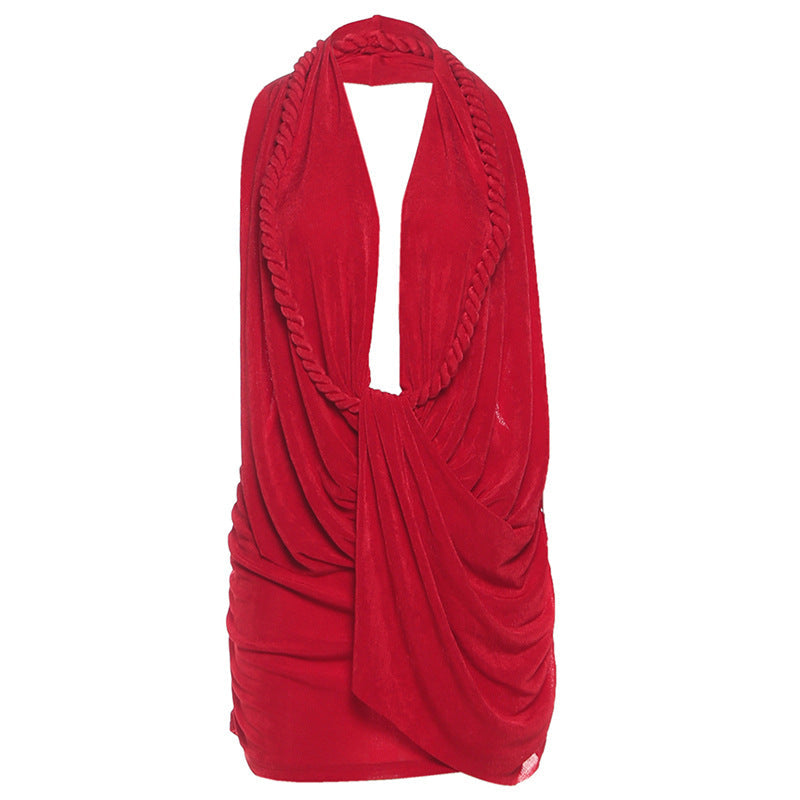 Halter Deep Plunge Corded Trim Draped Ruched Mini Dress