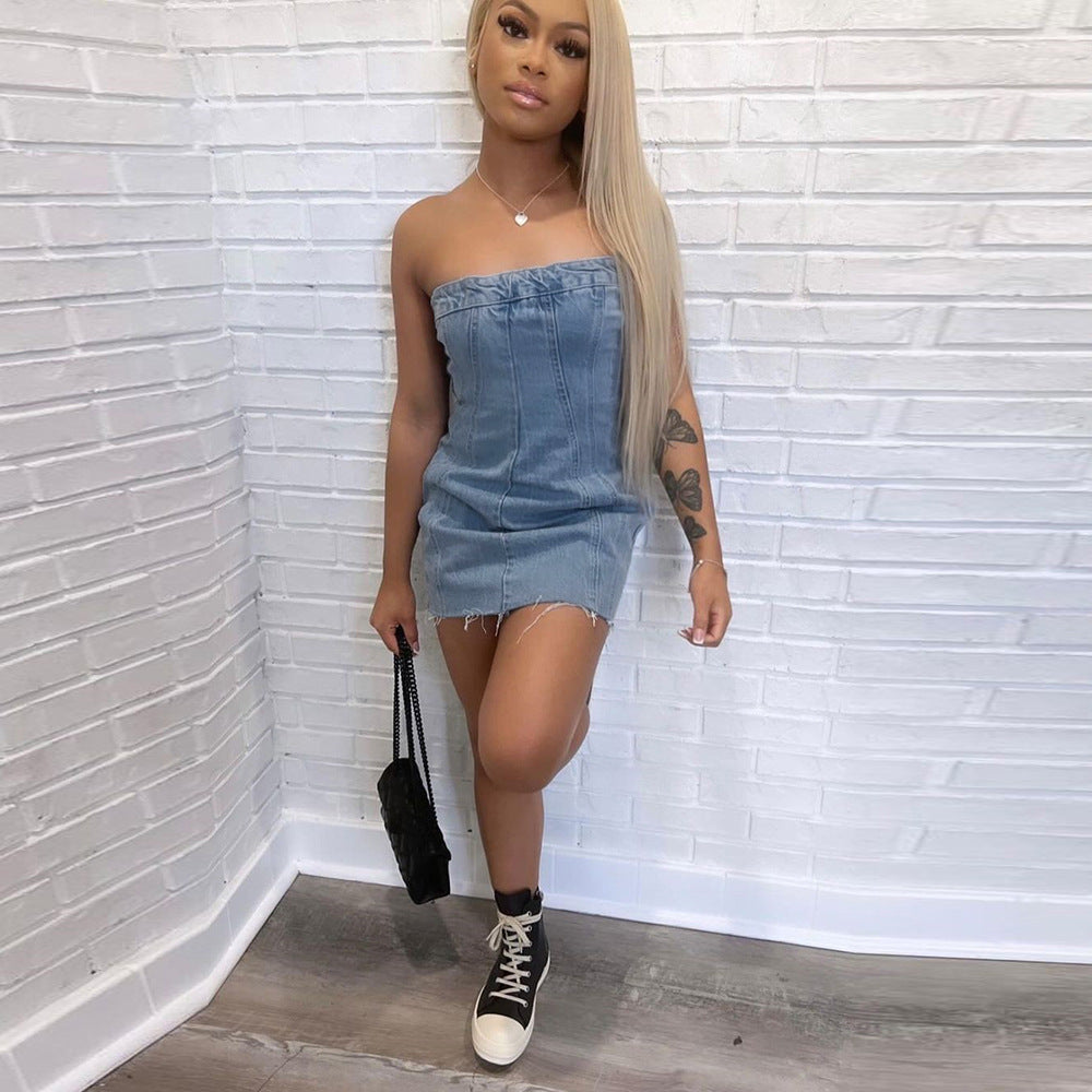Strapless Denim Corset Panel Raw Hem Mini Dress