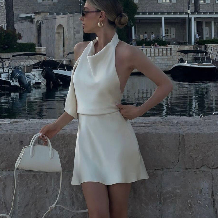 Satin Halter Neck Open Back Tie Sash A-Line Mini Dress