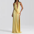 Halter Neck Deep V-Neck Draped Wrap Ruched High Split Maxi Dress