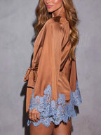Joyful Bond Satin Lace Trim Contrast Color Bell Sleeve Tie-up Kimono Mini Dress