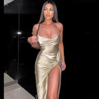Satin Cowl Neck Spaghetti Strap Twist Hip High Split Maxi Dress