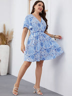 Plus Size Short Sleeve Blue Printed Dress