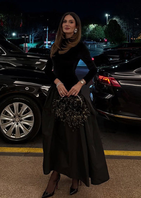 Velvet Mock Neck Long Sleeve Taffeta Puff Skirt Mixed Media Midi Dress