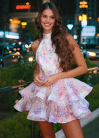 High Neck Halter Tiered Ruffle Floral Print Mini Dress
