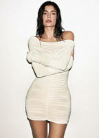 Asymmetric One Shoulder Ruched Long Sleeve Bodycon Mini Dress