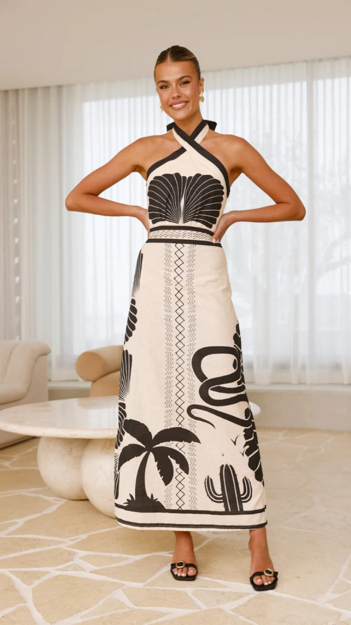 Summer Shell Printing Vacation Halter Waist Tight A line Dress