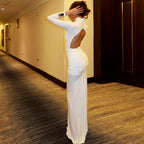 Mock Neck Long Sleeve Ruched Open Back Cut Out Fishtail Maxi Dress