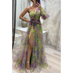 One Shoulder Chiffon Printed Gown
