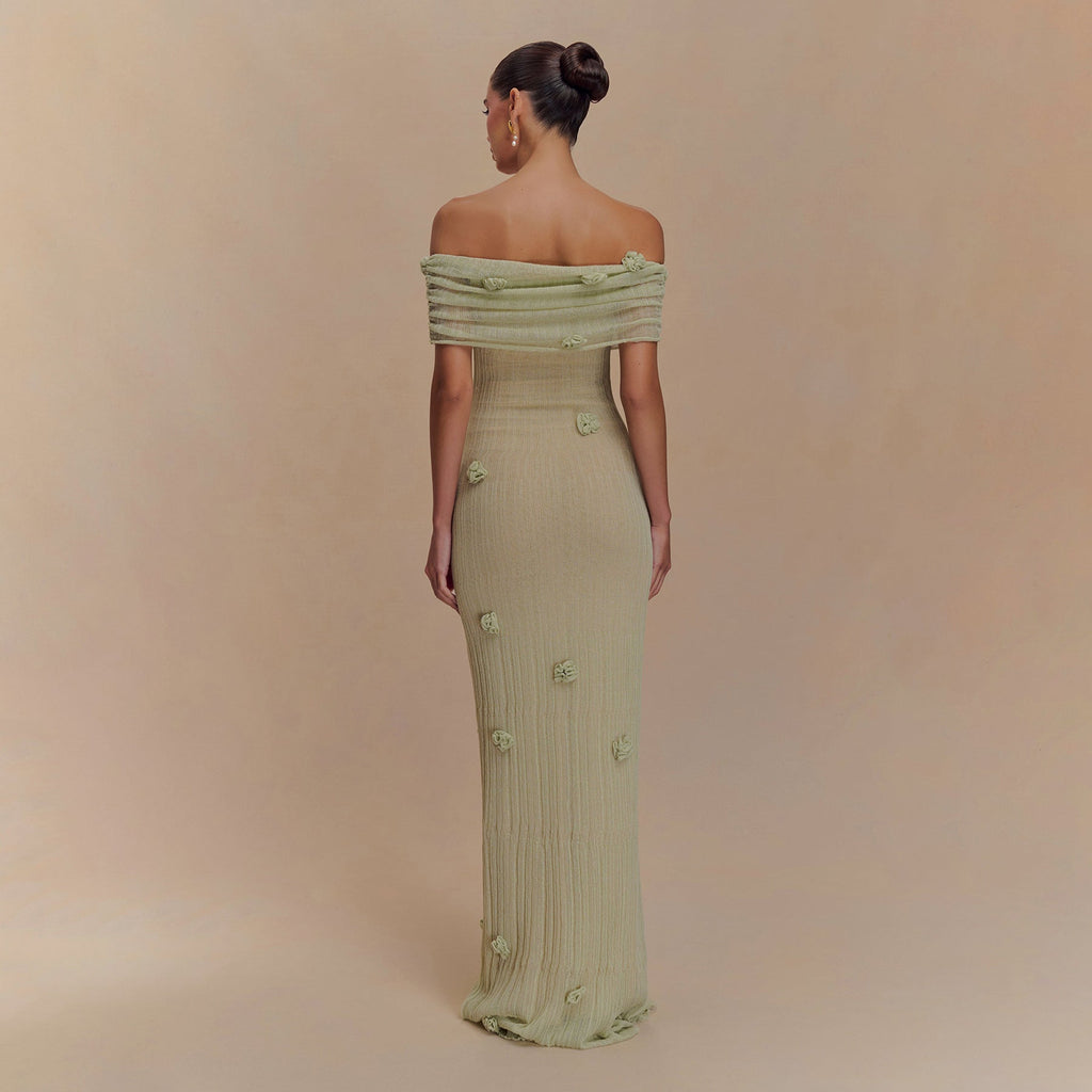 Off Shoulder Rosette Applique Ribbed Plisse Column Maxi Dress