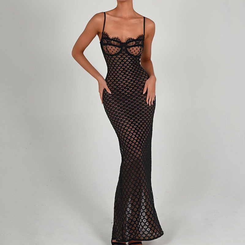 Lace Overlay Sweetheart Spaghetti Strap Bodycon Maxi Dress