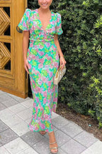 Floral Print V-neck Puff Sleeve Open-back Maxi Dress