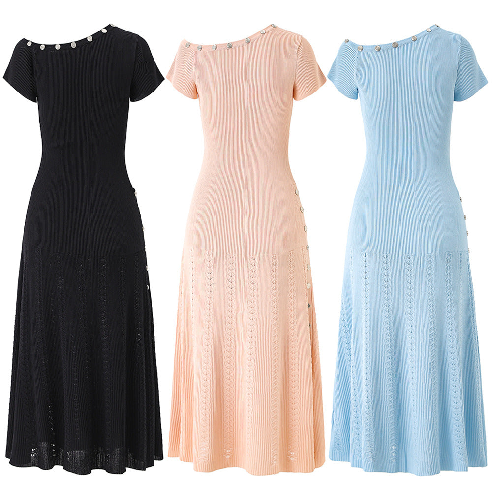 One-Shoulder Button Detail Rib Knit Pointelle Side Slit Maxi Dress