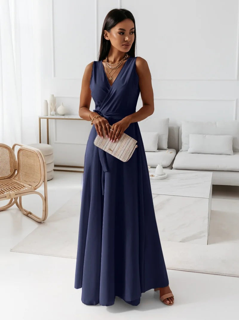 Anita Chic Women's Solid V Neck Long Dress Statement Occasion Edit