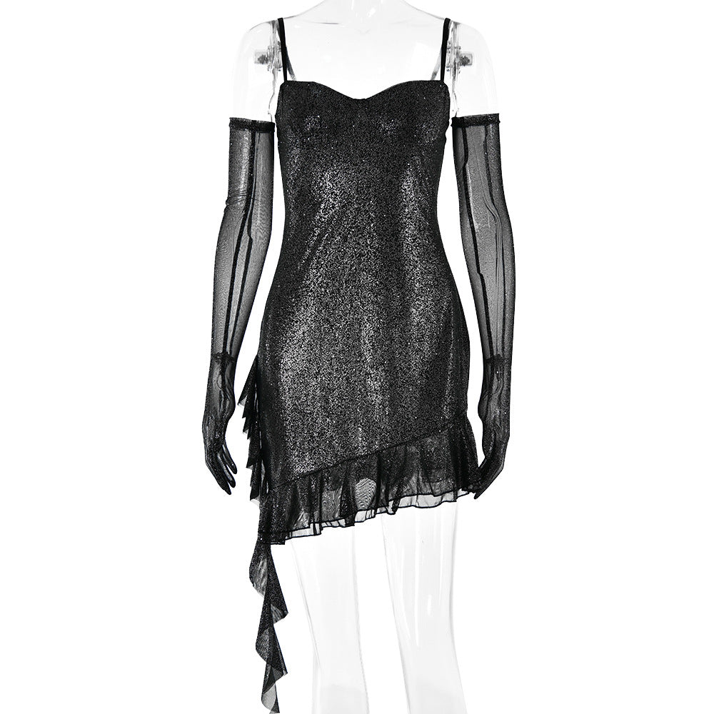 Mesh Glitter Sweetheart Spaghetti Strap Ruffle Hem Cascade Train Mini Dress