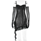 Mesh Glitter Sweetheart Spaghetti Strap Ruffle Hem Cascade Train Mini Dress