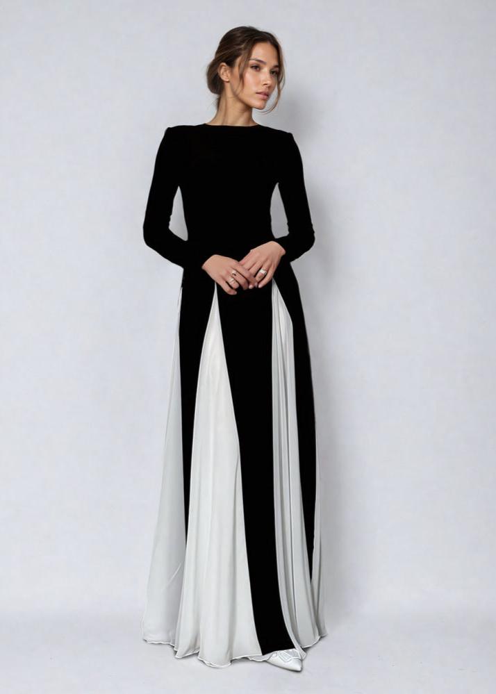 Mock Neck Long Sleeve Pleated Godet Panel Fit and Flare Maxi Dress