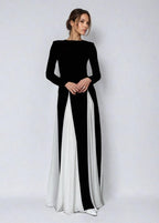 Mock Neck Long Sleeve Pleated Godet Panel Fit and Flare Maxi Dress