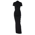 Mock Neck Deep V Neck Cap Sleeve Ruched Bodycon Maxi Dress