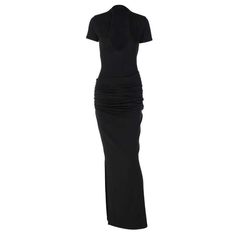 Mock Neck Deep V Neck Cap Sleeve Ruched Bodycon Maxi Dress