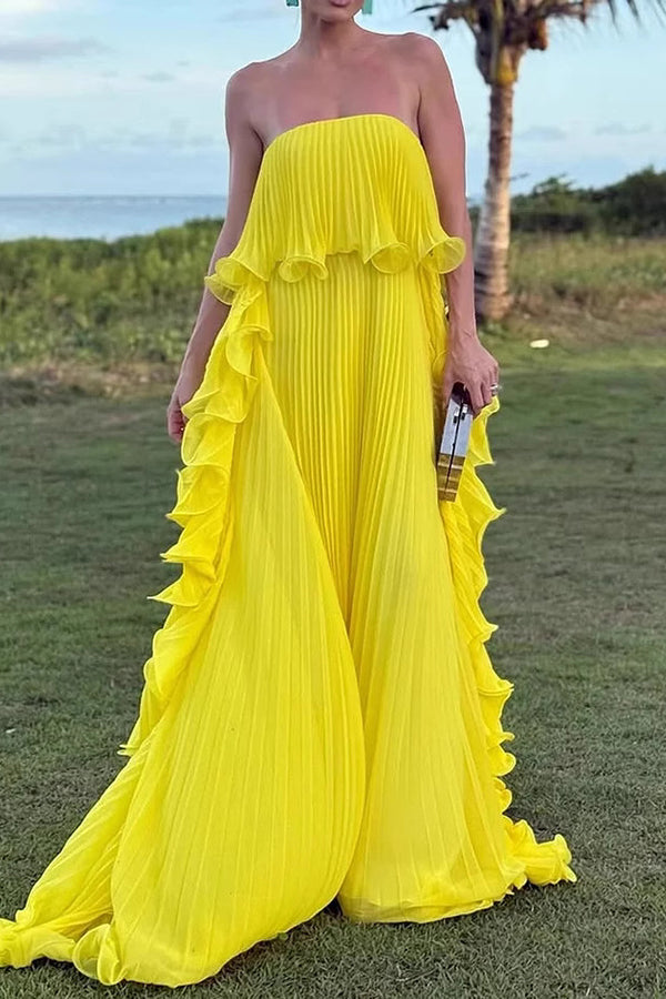 Reina Chiffon Pleated Wavy Ruffles Trim Strapless Loose Maxi Dress