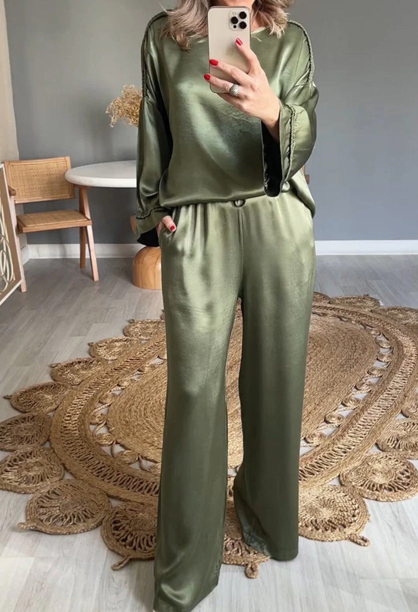 Versatile Satin Casual Long Sleeve Relax Fit Set