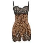 Leopard Print Lace Panel Spaghetti Strap Slip Mini Dress