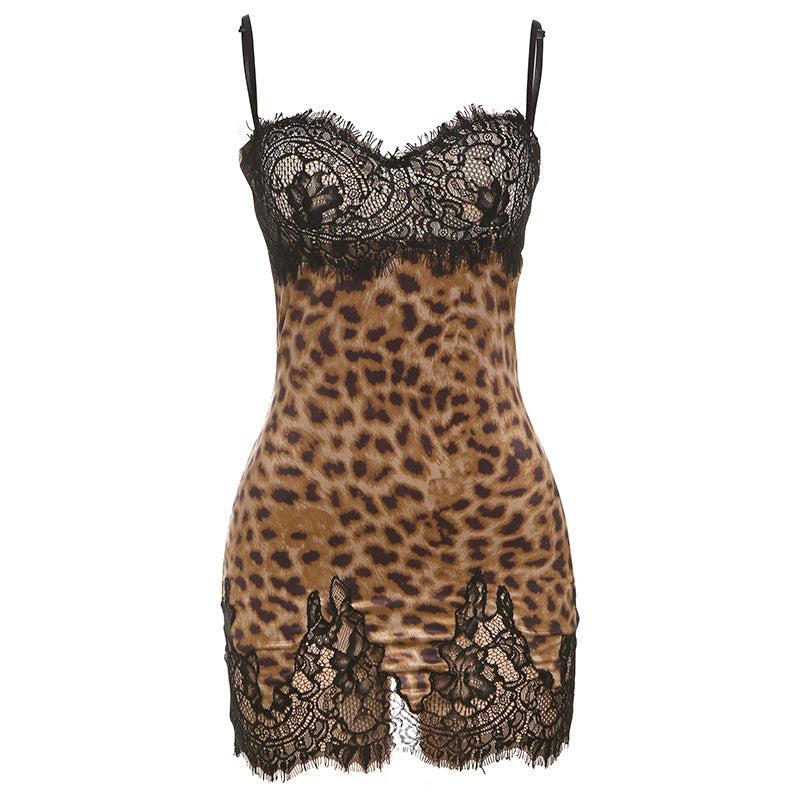 Leopard Print Lace Panel Spaghetti Strap Slip Mini Dress